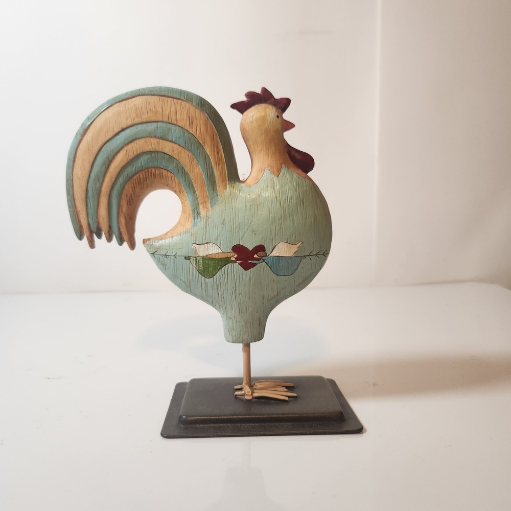 Rustic Folk Art Rooster Figurine Farmhouse Decor Teal Wood Look Metal Base 8in